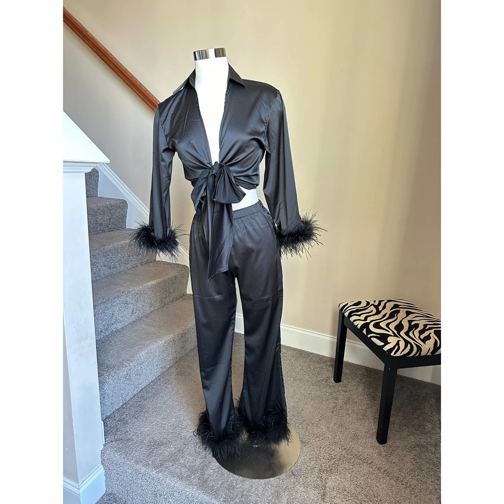 Black satin feather trim top and feather trim pants set (2 pcs) size small NWT